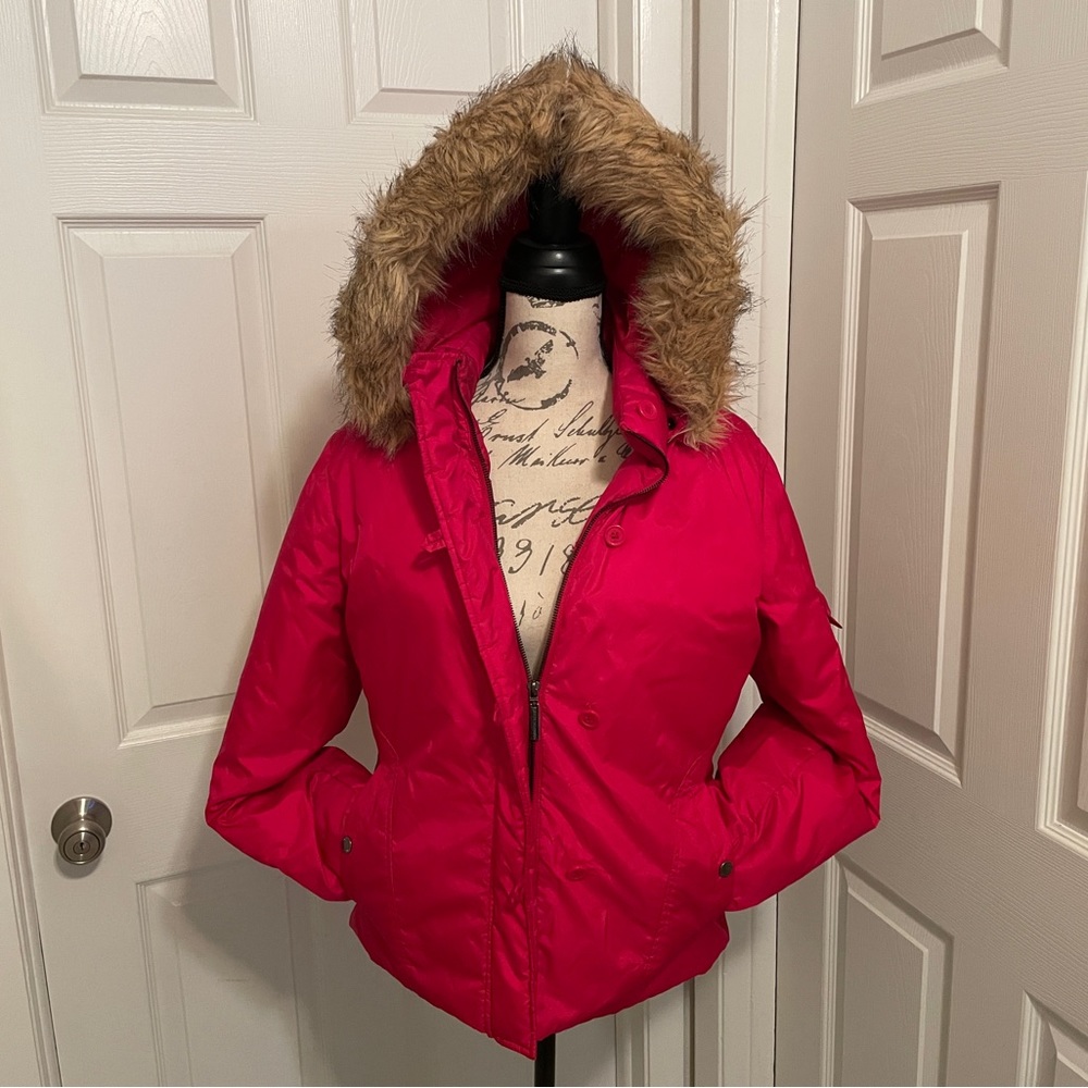 Steve Madden Pink Red Ski Jacket with Faux Fur Hood